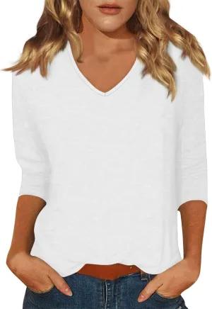 3/4 Length Sleeve Womens Tops Casual V-Neck Ladies Shirts 2025 Summer Elbow Length Printed,Plain t Shirts Outfits