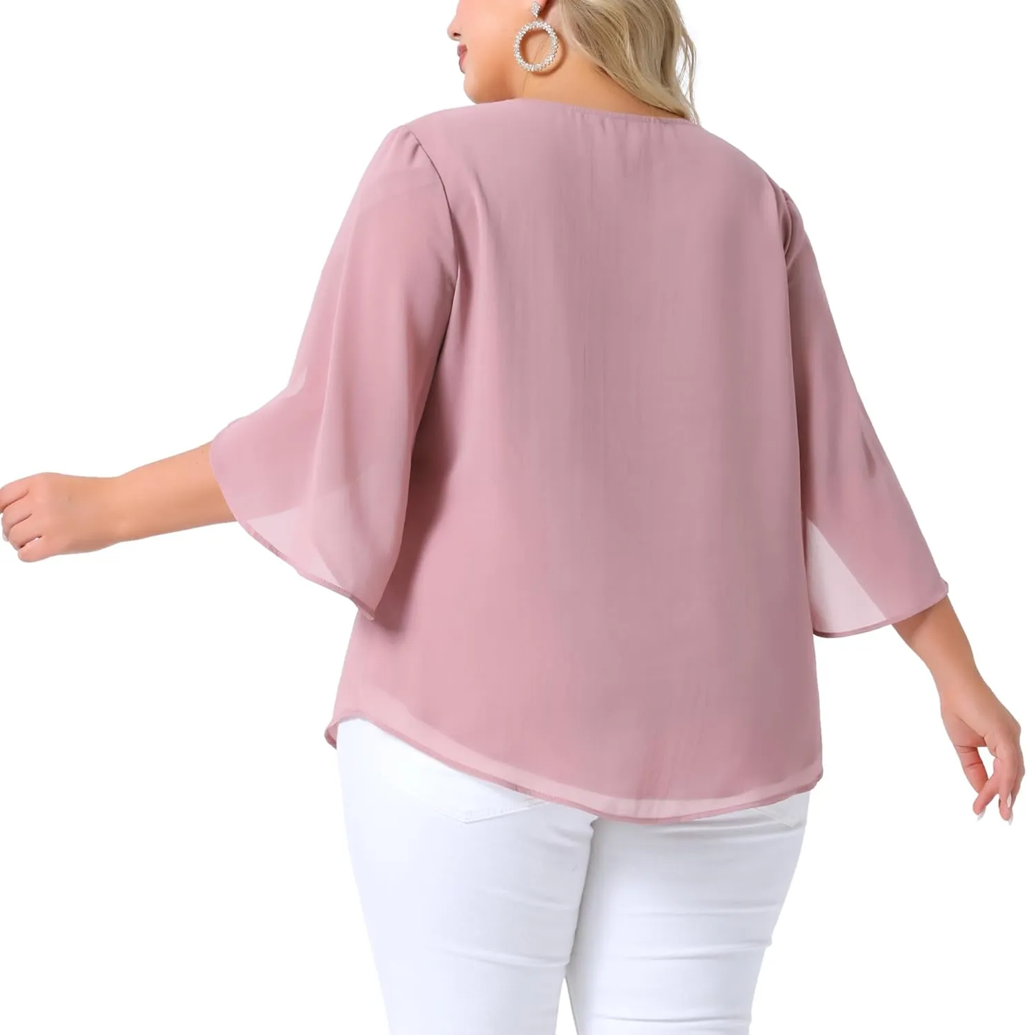 Agnes Orinda Plus Size Blouses for Women Flutter Petal Half 3/4 Sleeve Chiffon Top Loose Flowy Shirt Summer Blouse Top