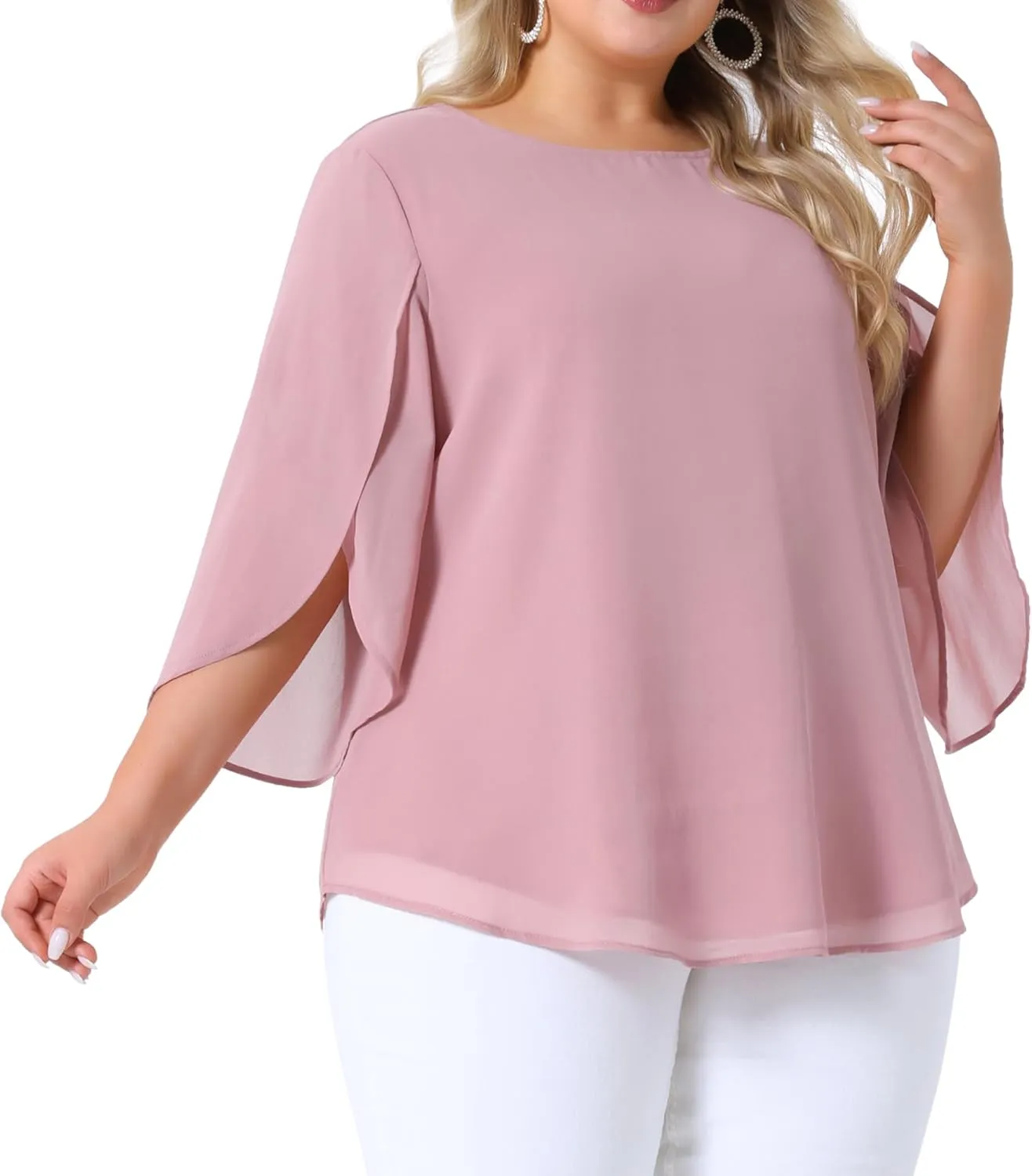 Agnes Orinda Plus Size Blouses for Women Flutter Petal Half 3/4 Sleeve Chiffon Top Loose Flowy Shirt Summer Blouse Top