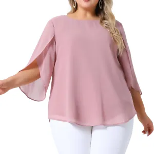 Agnes Orinda Plus Size Blouses for Women Flutter Petal Half 3/4 Sleeve Chiffon Top Loose Flowy Shirt Summer Blouse Top