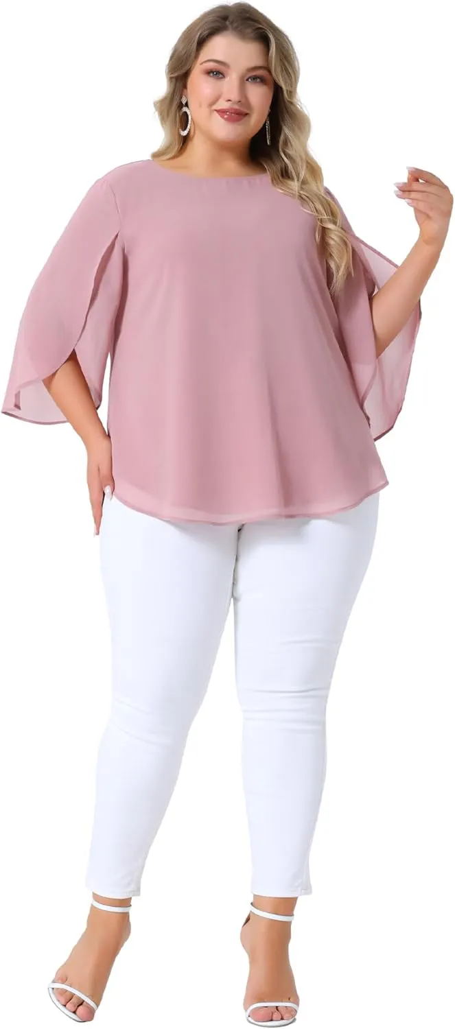 Agnes Orinda Plus Size Blouses for Women Flutter Petal Half 3/4 Sleeve Chiffon Top Loose Flowy Shirt Summer Blouse Top