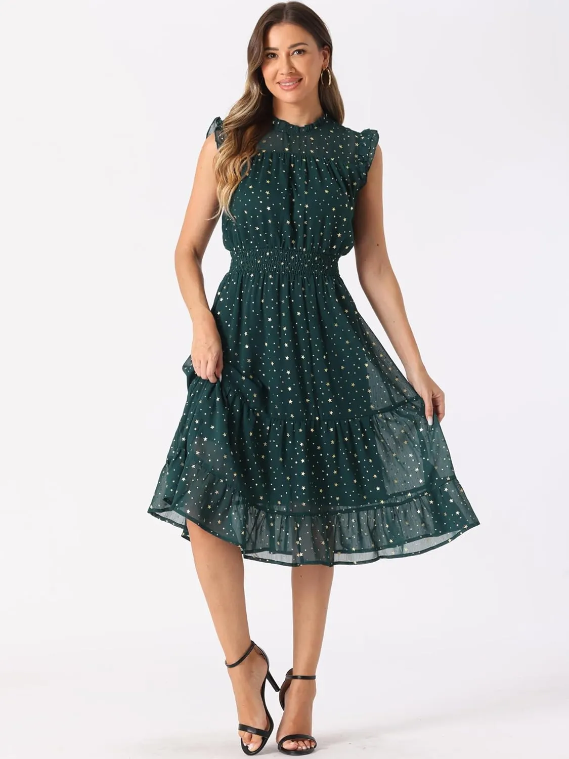Allegra K Casual Chiffon Midi Dress for Women's Sleeveless Smocked Waist Gilding Metallic Stars Party Dresses