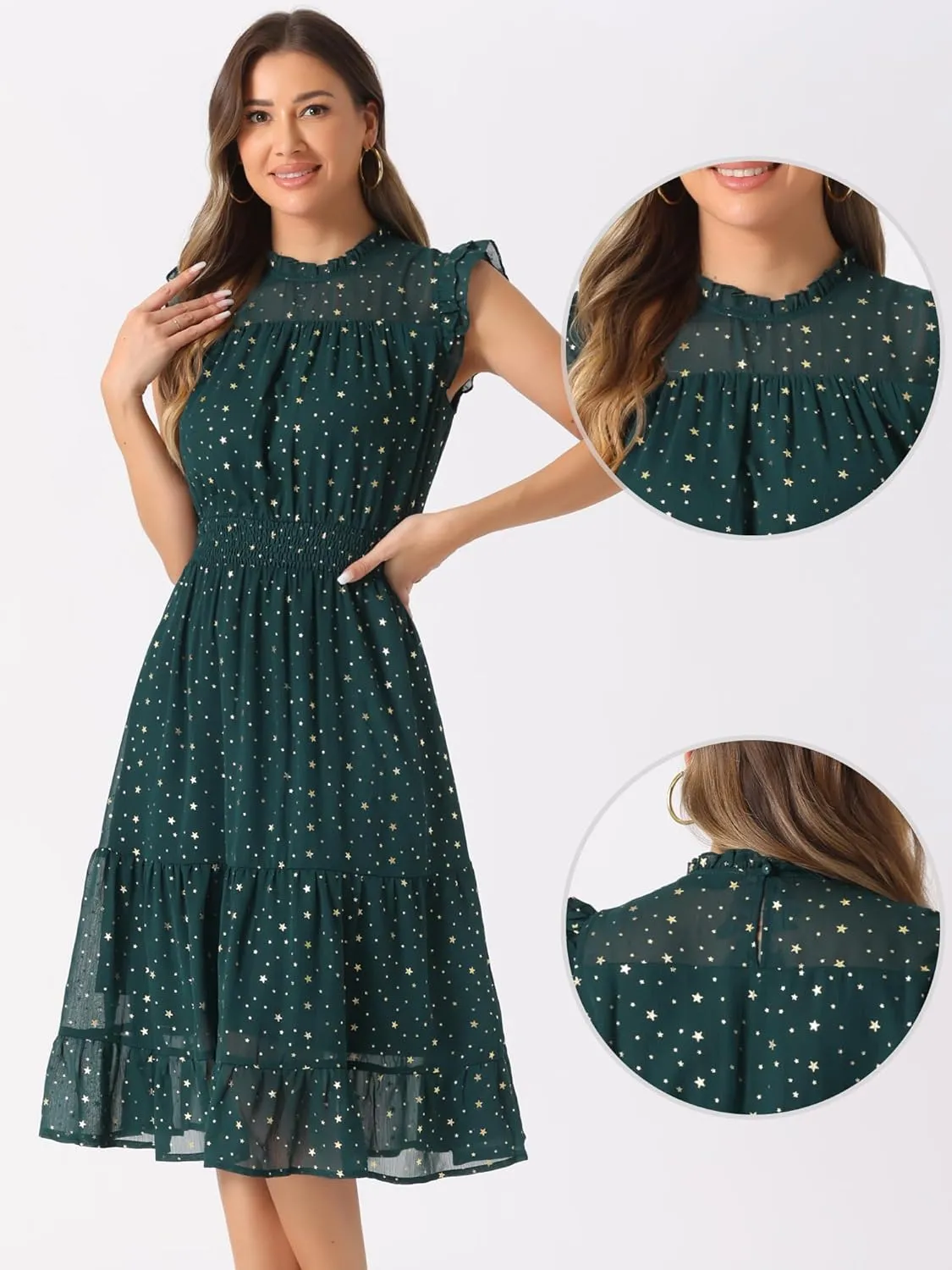 Allegra K Casual Chiffon Midi Dress for Women's Sleeveless Smocked Waist Gilding Metallic Stars Party Dresses