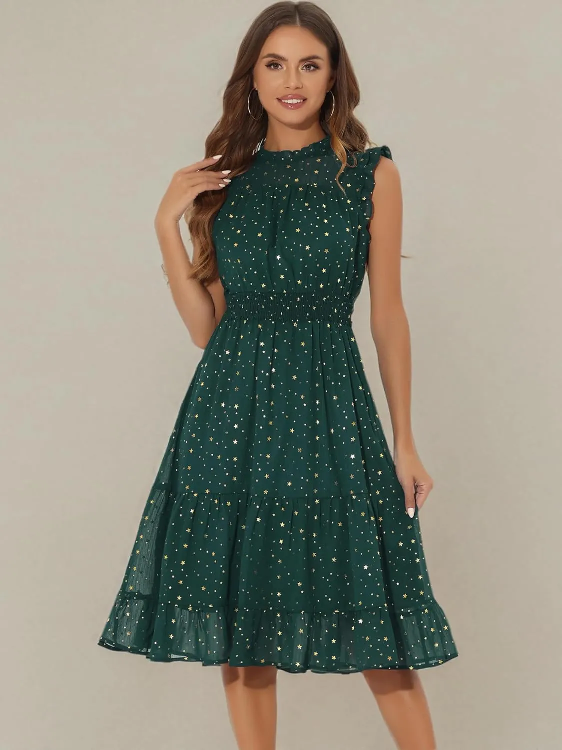 Allegra K Casual Chiffon Midi Dress for Women's Sleeveless Smocked Waist Gilding Metallic Stars Party Dresses