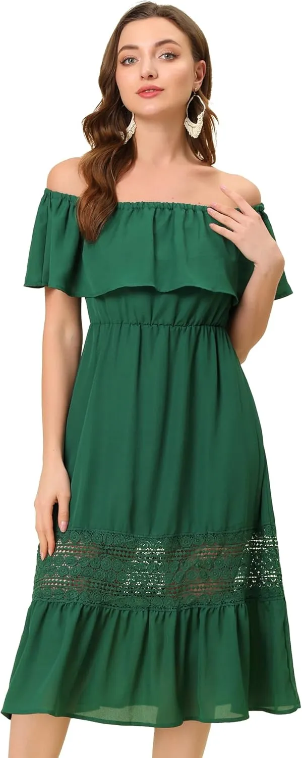 Allegra K Women's Off Shoulder Ruffle Sleeve Lace Insert Chiffon Casual Beach Vacation Midi Dress