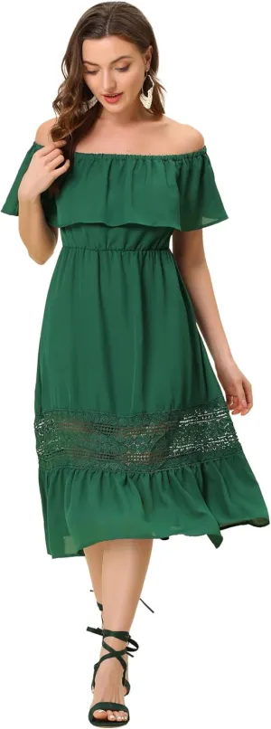 Allegra K Women's Off Shoulder Ruffle Sleeve Lace Insert Chiffon Casual Beach Vacation Midi Dress