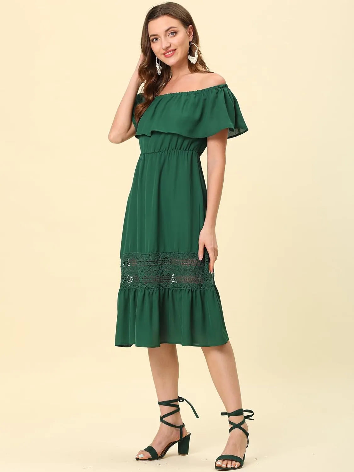 Allegra K Women's Off Shoulder Ruffle Sleeve Lace Insert Chiffon Casual Beach Vacation Midi Dress