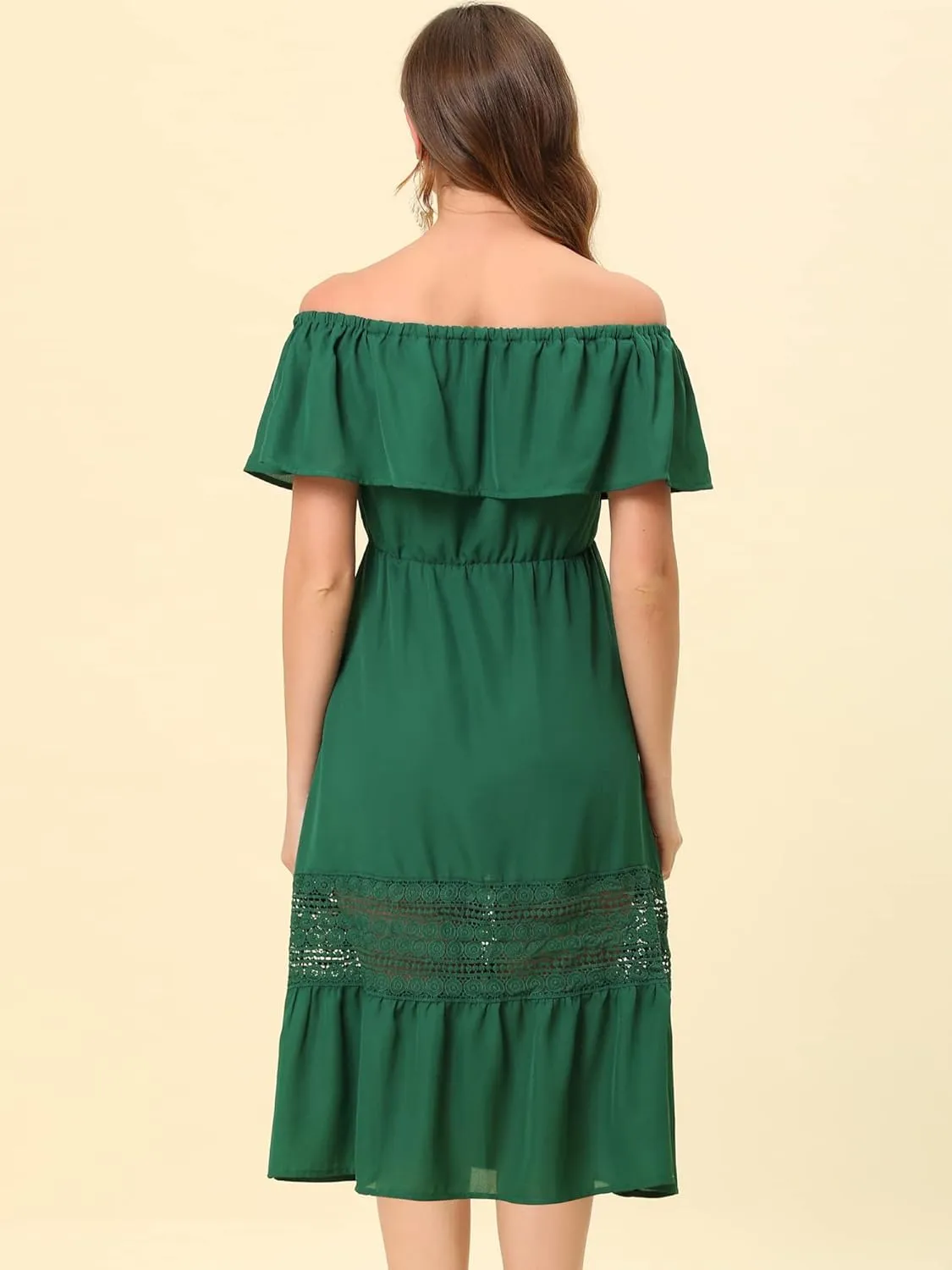 Allegra K Women's Off Shoulder Ruffle Sleeve Lace Insert Chiffon Casual Beach Vacation Midi Dress