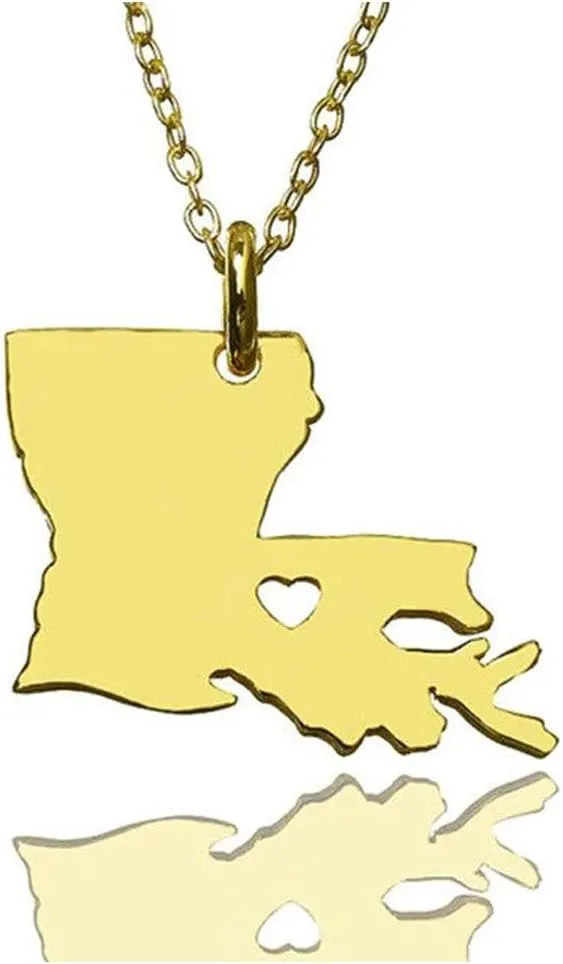 Art Attack Stainless Steel I Love Louisiana Necklace, Born On The Bayou, Pelican Heart State Map Country Pendant (Gold)