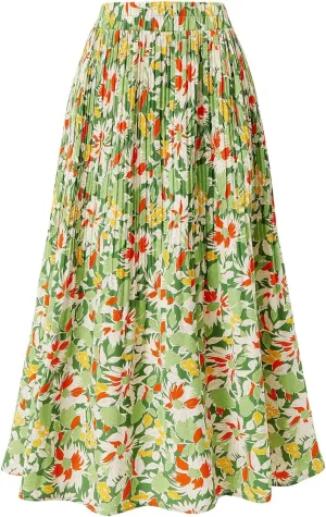 Basoteeuo Womens Skirt Leopard Print Midi Long Shirring Pleated Skirts High Waisted A Line Skirts