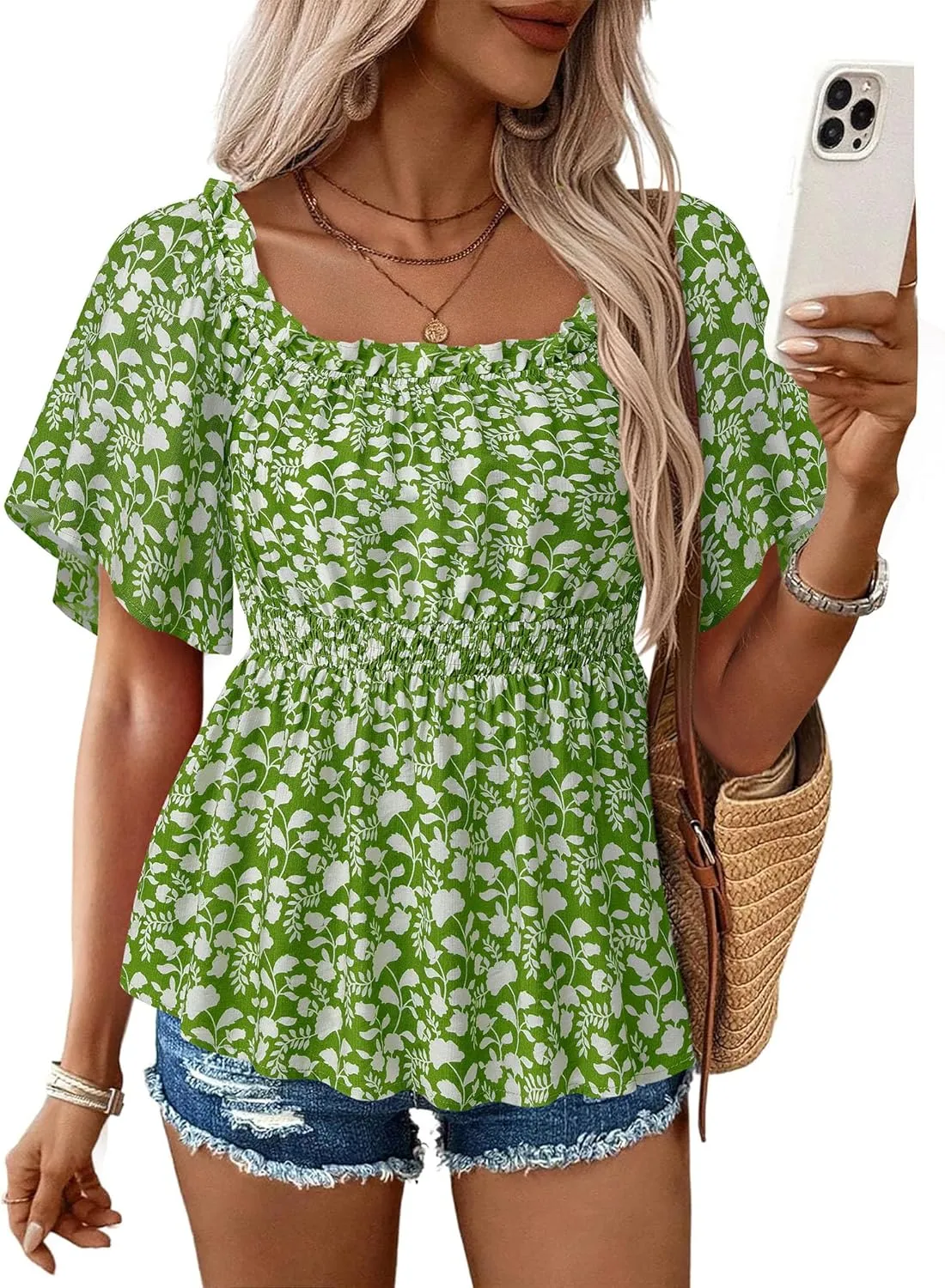 Bebonnie Women's Summer Off The Shoulder Short Sleeve Chiffon Blouse Ruffle Hem Tops