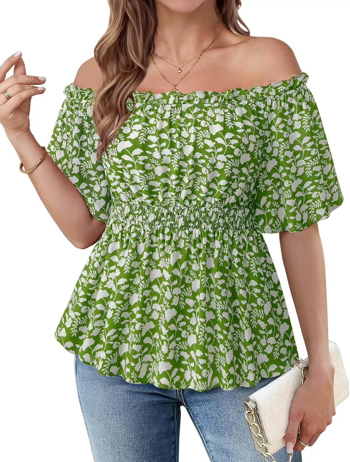 Bebonnie Women's Summer Off The Shoulder Short Sleeve Chiffon Blouse Ruffle Hem Tops