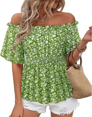 Bebonnie Women's Summer Off The Shoulder Short Sleeve Chiffon Blouse Ruffle Hem Tops