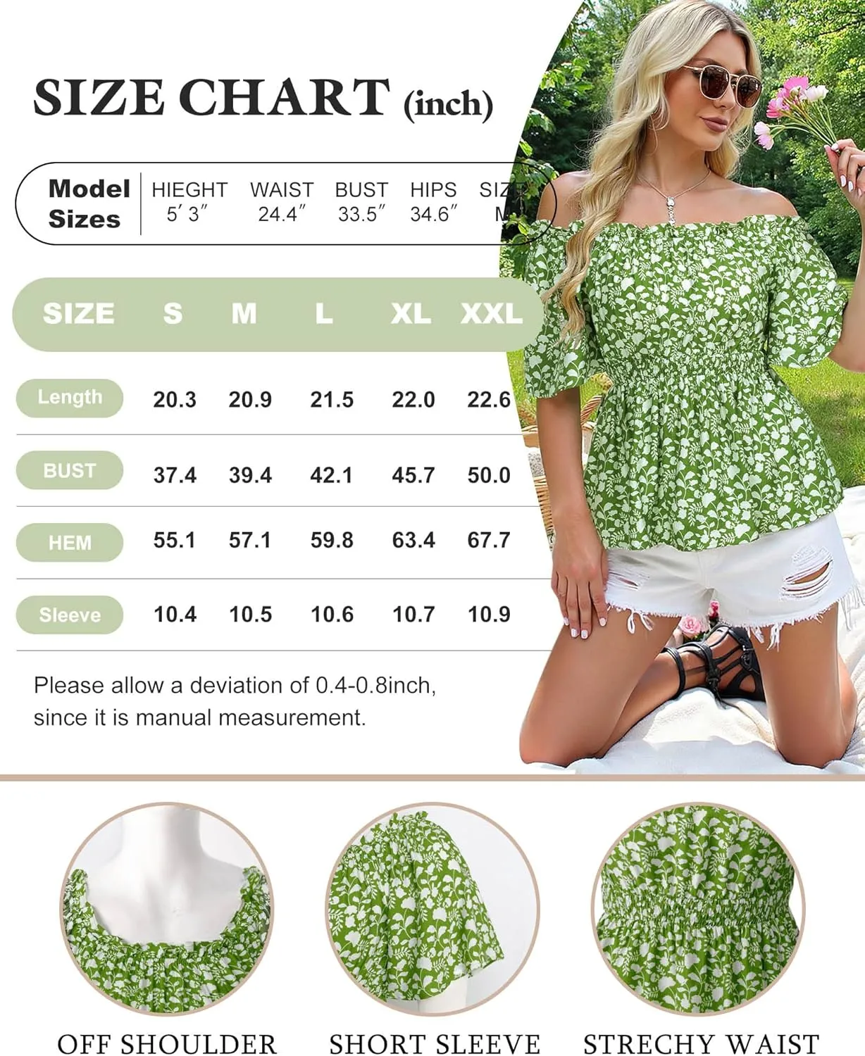 Bebonnie Women's Summer Off The Shoulder Short Sleeve Chiffon Blouse Ruffle Hem Tops