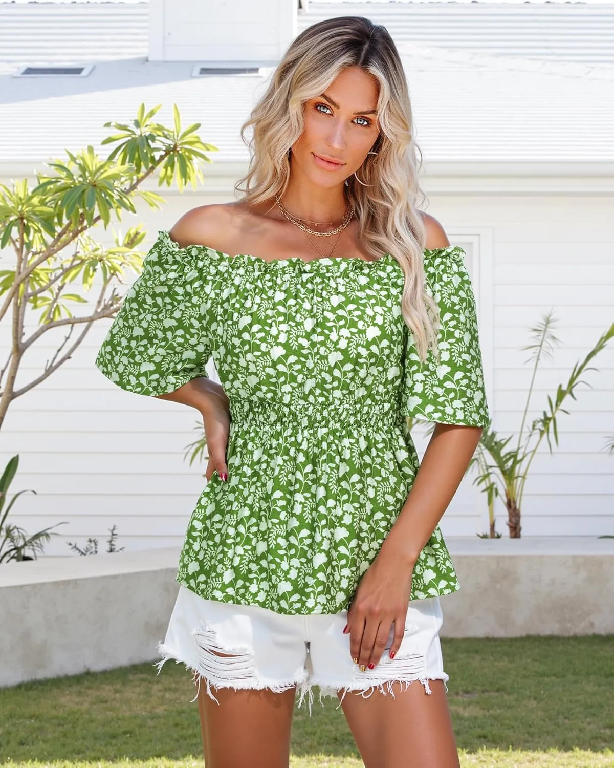Bebonnie Women's Summer Off The Shoulder Short Sleeve Chiffon Blouse Ruffle Hem Tops