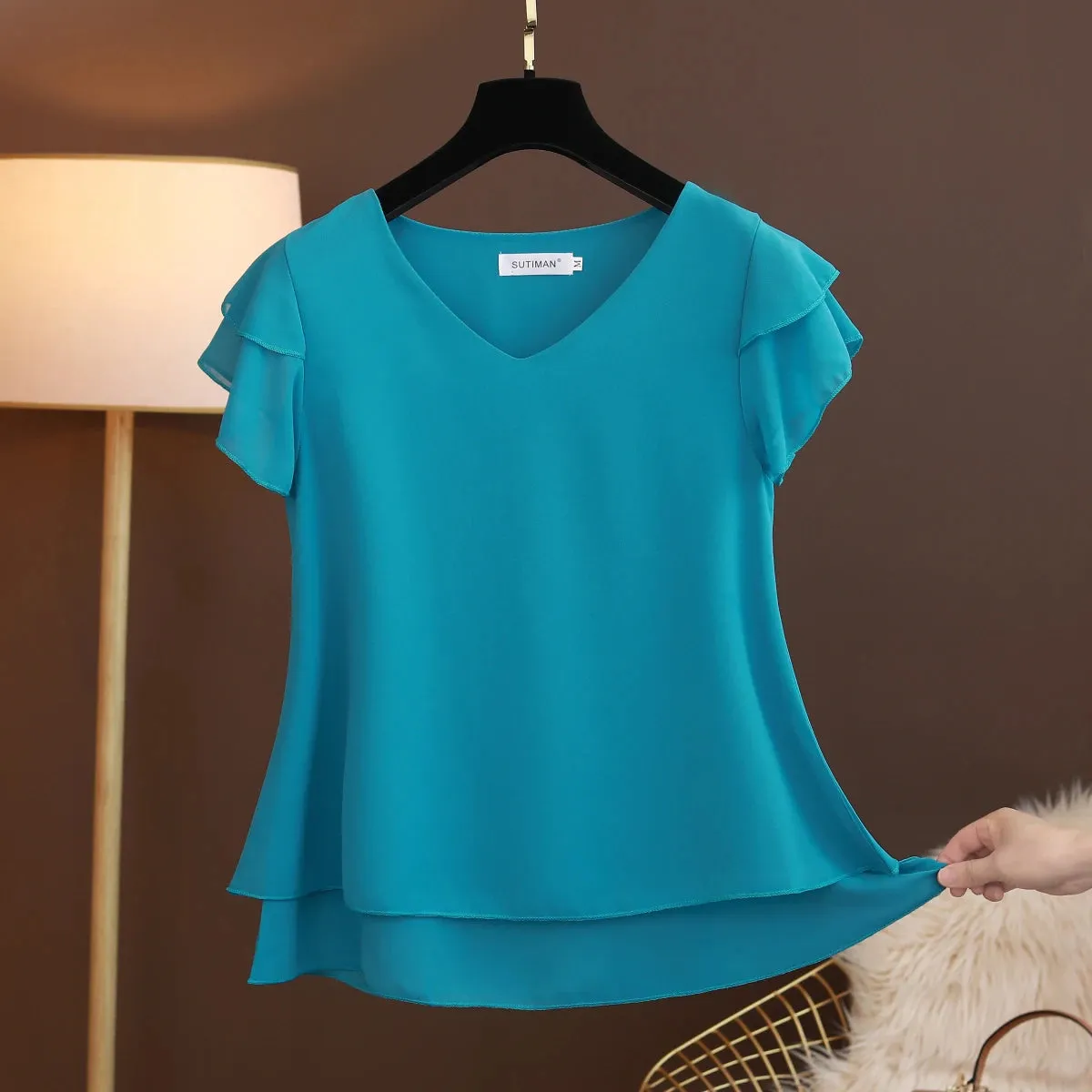Bonnyshow Fashion Brand Summer Short Sleeve V-Neck Chiffon Shirt Tops Large Size Loose Women's Casual Shirts Casual Tops Blusas Seda