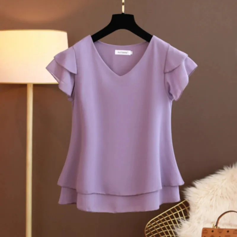 Bonnyshow Fashion Brand Summer Short Sleeve V-Neck Chiffon Shirt Tops Large Size Loose Women's Casual Shirts Casual Tops Blusas Seda