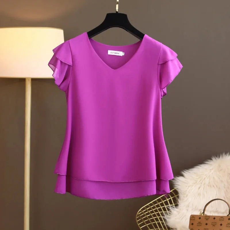Bonnyshow Fashion Brand Summer Short Sleeve V-Neck Chiffon Shirt Tops Large Size Loose Women's Casual Shirts Casual Tops Blusas Seda