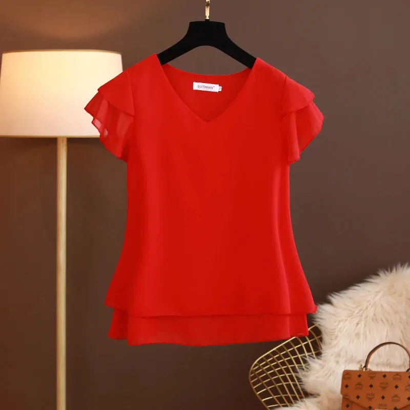 Bonnyshow Fashion Brand Summer Short Sleeve V-Neck Chiffon Shirt Tops Large Size Loose Women's Casual Shirts Casual Tops Blusas Seda