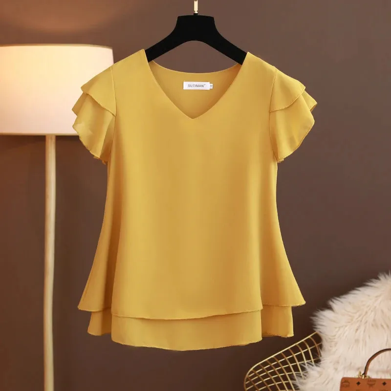 Bonnyshow Fashion Brand Summer Short Sleeve V-Neck Chiffon Shirt Tops Large Size Loose Women's Casual Shirts Casual Tops Blusas Seda
