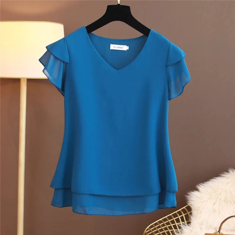 Bonnyshow Fashion Brand Summer Short Sleeve V-Neck Chiffon Shirt Tops Large Size Loose Women's Casual Shirts Casual Tops Blusas Seda