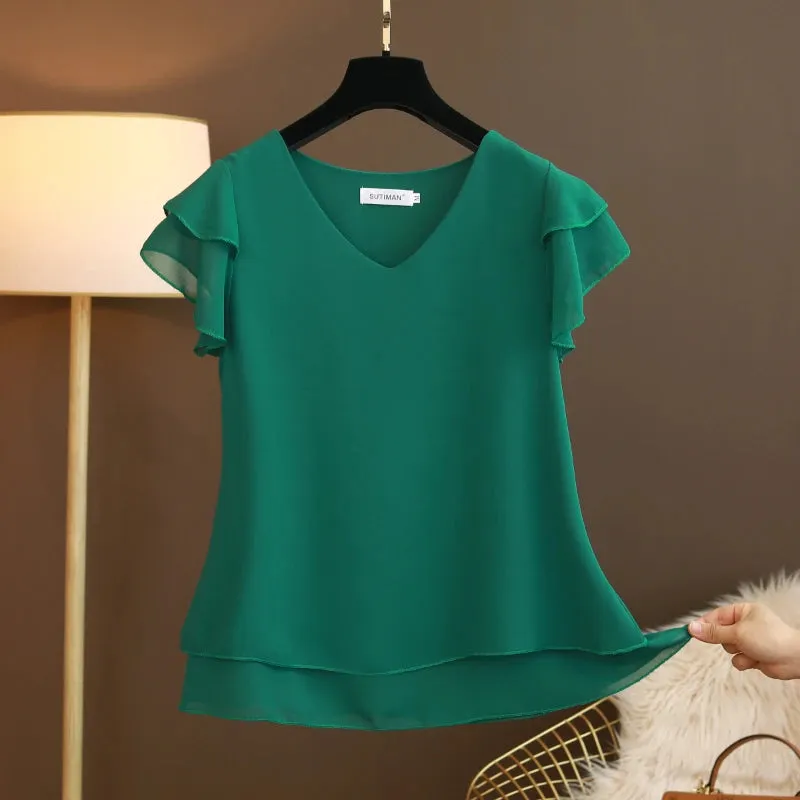 Bonnyshow Fashion Brand Summer Short Sleeve V-Neck Chiffon Shirt Tops Large Size Loose Women's Casual Shirts Casual Tops Blusas Seda