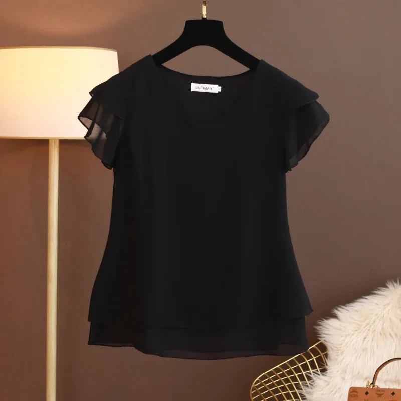 Bonnyshow Fashion Brand Summer Short Sleeve V-Neck Chiffon Shirt Tops Large Size Loose Women's Casual Shirts Casual Tops Blusas Seda