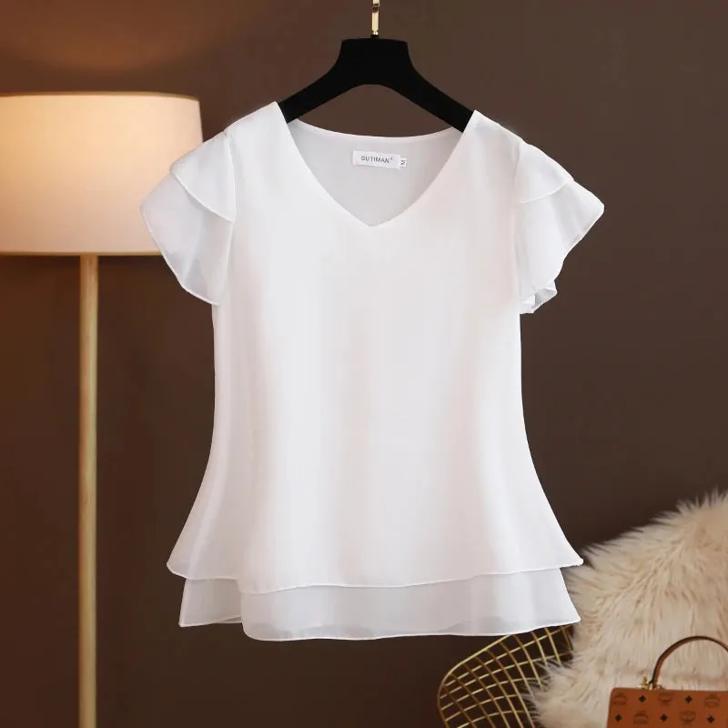Bonnyshow Fashion Brand Summer Short Sleeve V-Neck Chiffon Shirt Tops Large Size Loose Women's Casual Shirts Casual Tops Blusas Seda