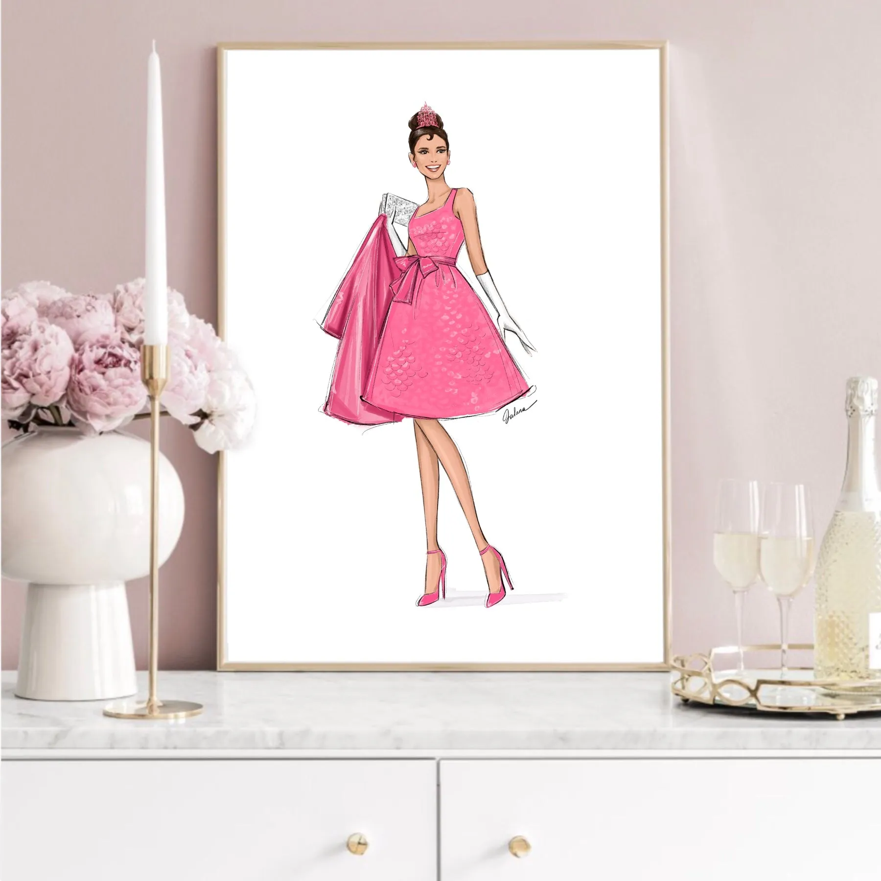 Breakfast at Tiffany’s pink dress art print fashion illustration