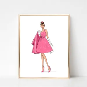 Breakfast at Tiffany’s pink dress art print fashion illustration