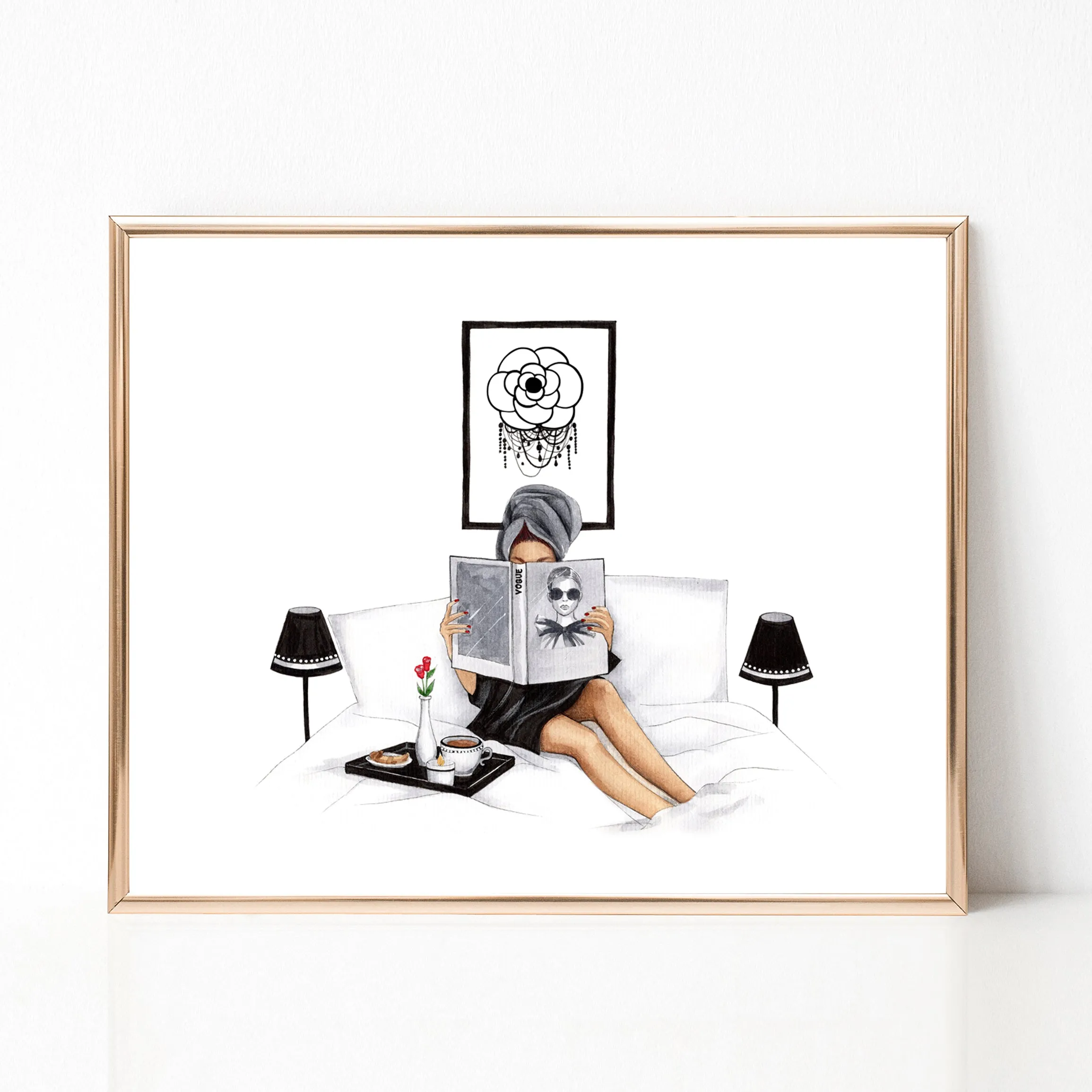 Breakfast in bed girly fashion illustration art print