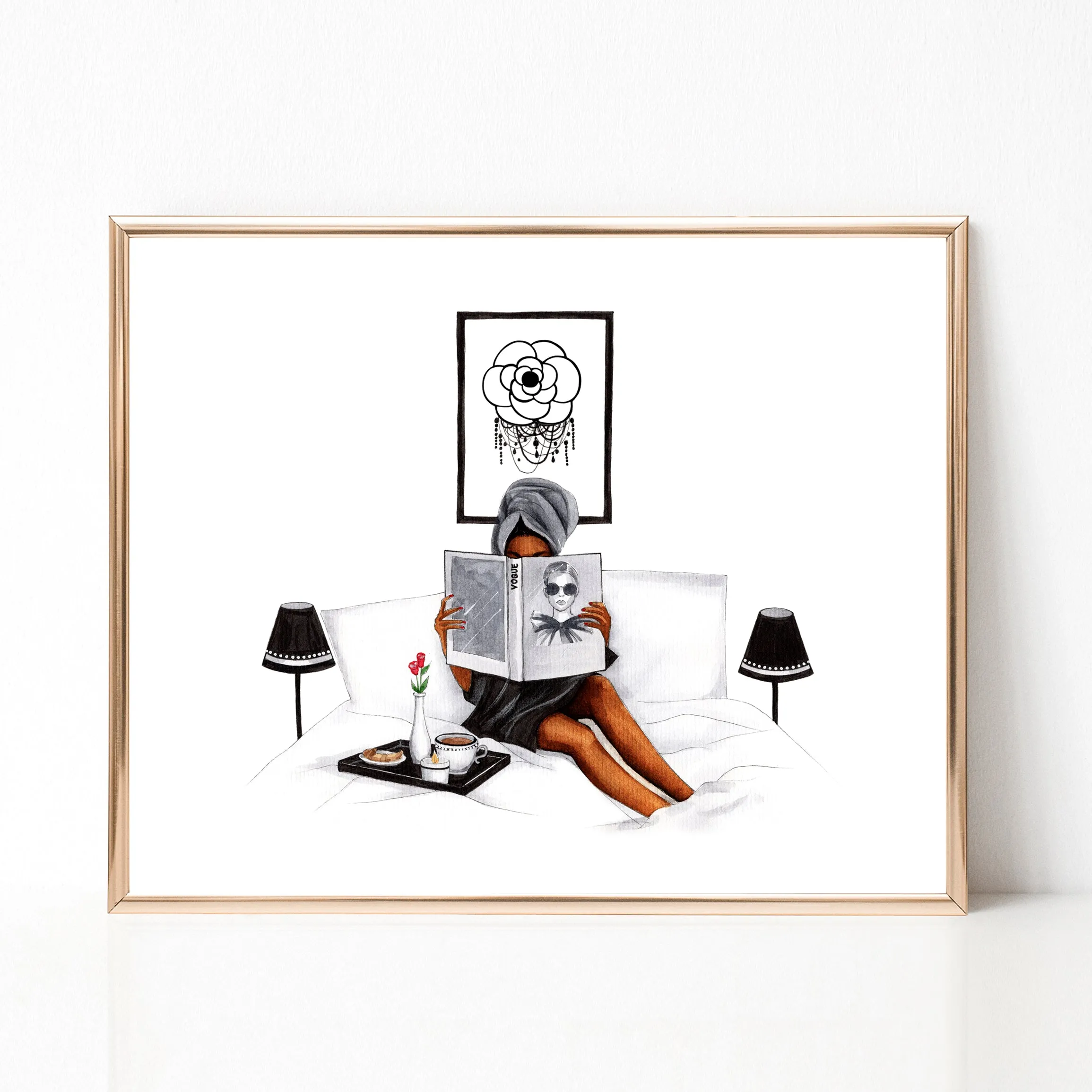 Breakfast in bed girly fashion illustration art print