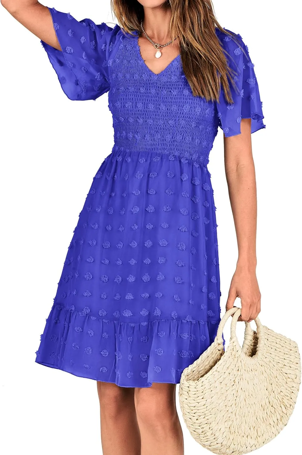BTFBM Womens Beach Vacation Dress V Neck Short Sleeve Smocked Swiss Dot Casual Ruffle Mini Spring Summer Dresses 2025