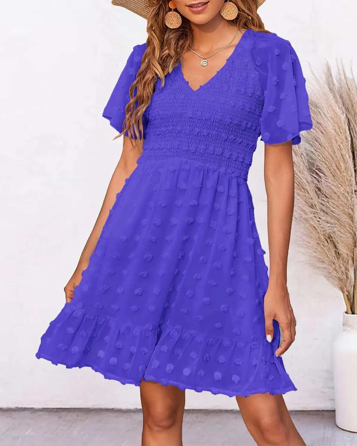 BTFBM Womens Beach Vacation Dress V Neck Short Sleeve Smocked Swiss Dot Casual Ruffle Mini Spring Summer Dresses 2025