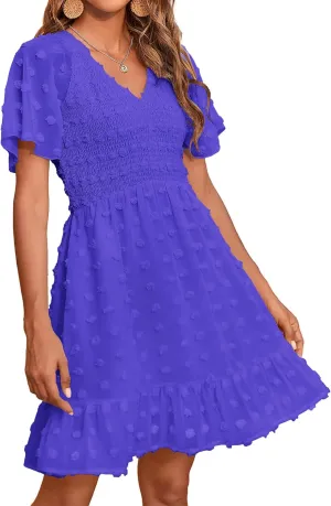 BTFBM Womens Beach Vacation Dress V Neck Short Sleeve Smocked Swiss Dot Casual Ruffle Mini Spring Summer Dresses 2025