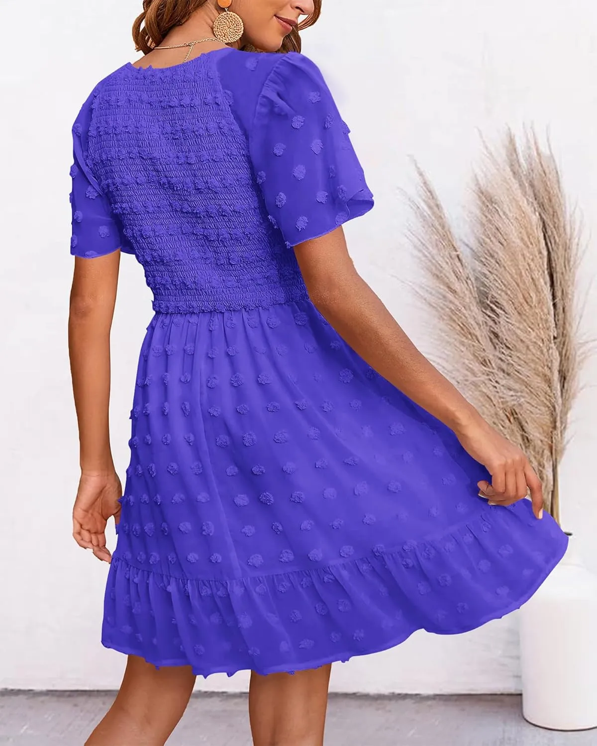 BTFBM Womens Beach Vacation Dress V Neck Short Sleeve Smocked Swiss Dot Casual Ruffle Mini Spring Summer Dresses 2025