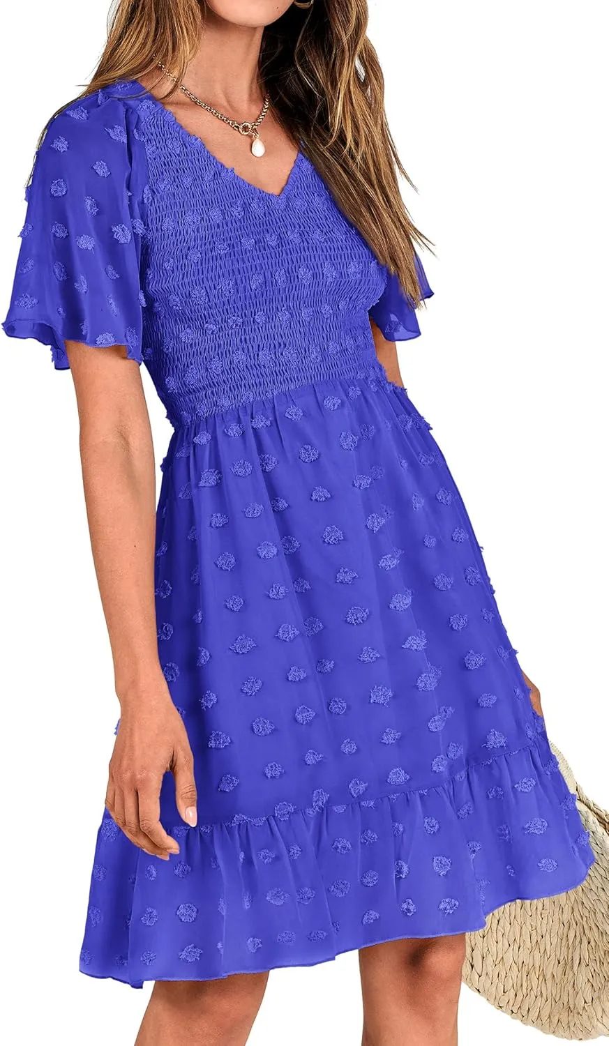 BTFBM Womens Beach Vacation Dress V Neck Short Sleeve Smocked Swiss Dot Casual Ruffle Mini Spring Summer Dresses 2025
