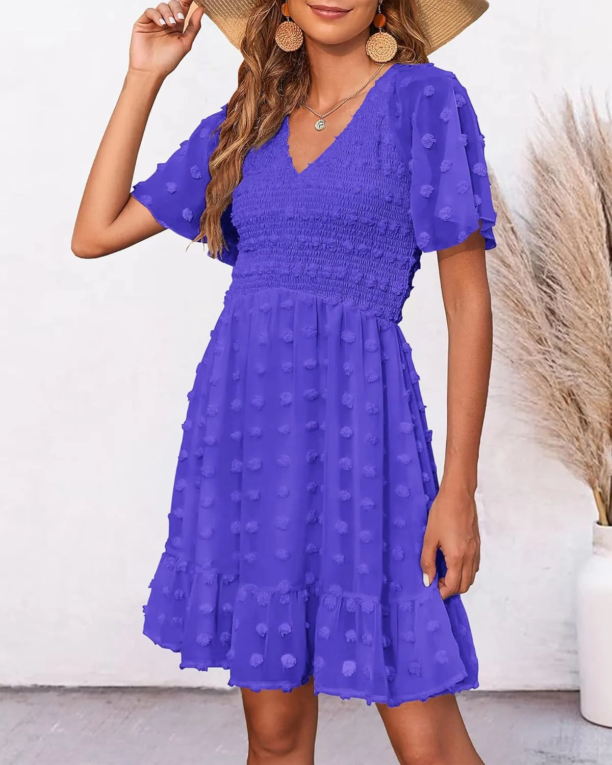 BTFBM Womens Beach Vacation Dress V Neck Short Sleeve Smocked Swiss Dot Casual Ruffle Mini Spring Summer Dresses 2025