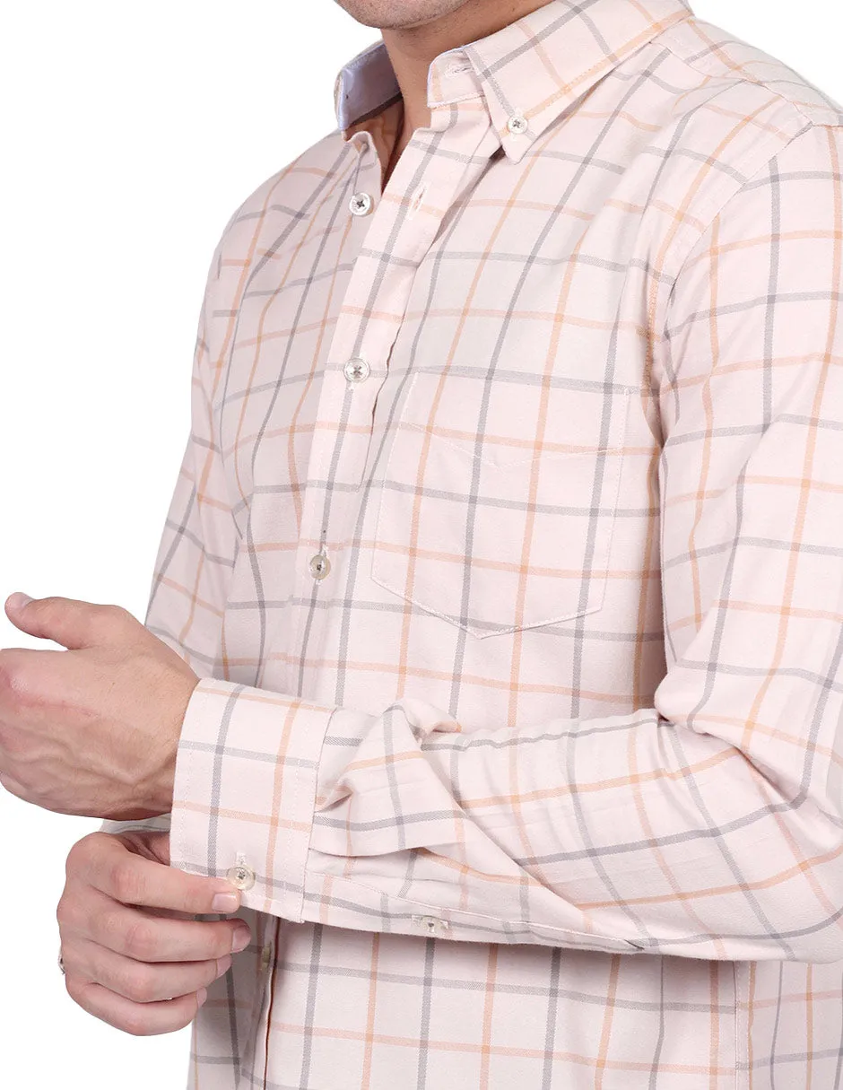Camisas Hombre Casuales Moda Regular Fit Manga Larga Cuadros Beige B25219