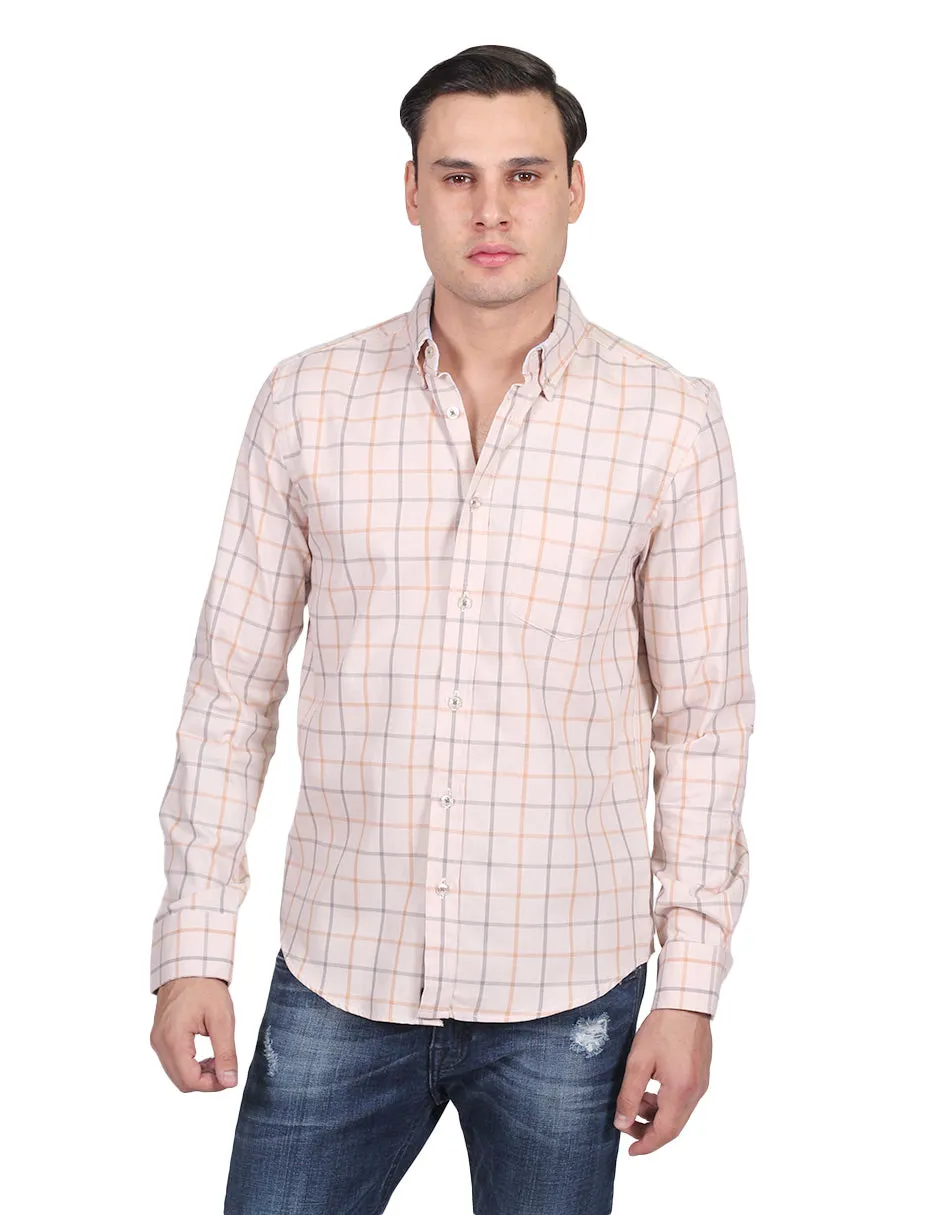 Camisas Hombre Casuales Moda Regular Fit Manga Larga Cuadros Beige B25219