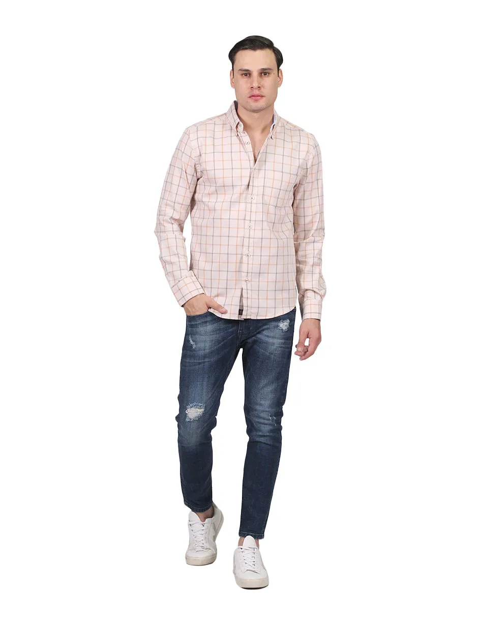 Camisas Hombre Casuales Moda Regular Fit Manga Larga Cuadros Beige B25219