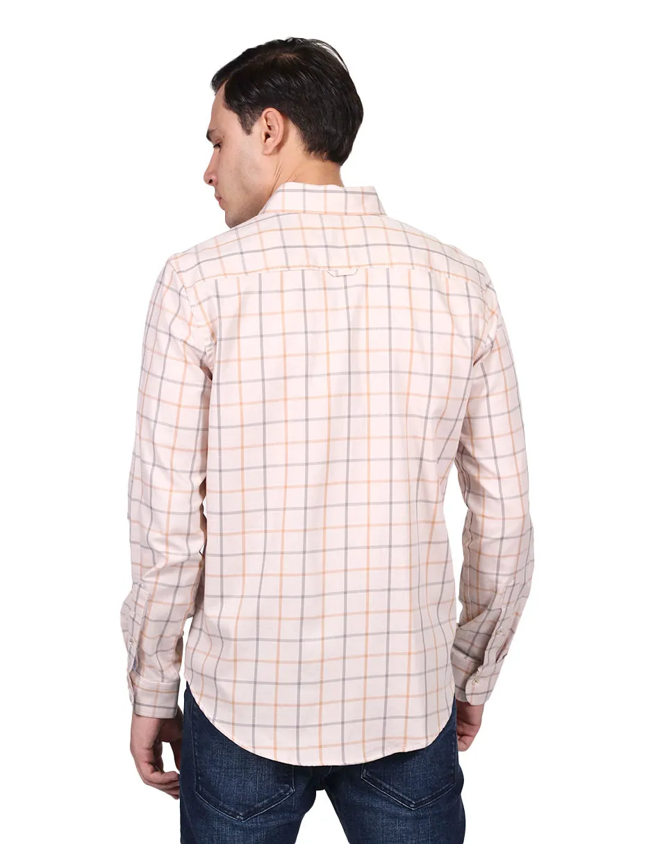 Camisas Hombre Casuales Moda Regular Fit Manga Larga Cuadros Beige B25219