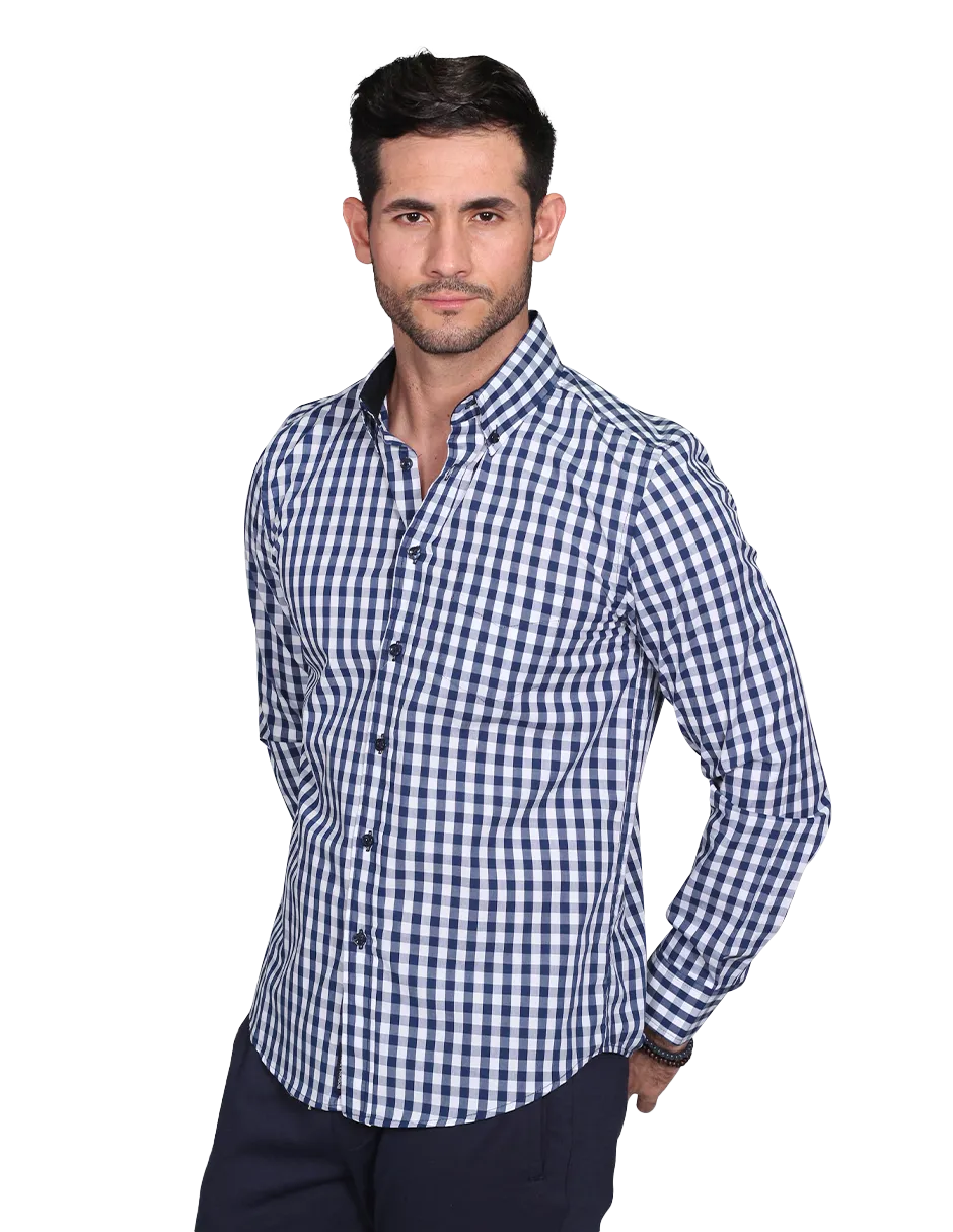 Camisas Para Hombre Manga Larga Cuadros Regular Fit Marino B15216