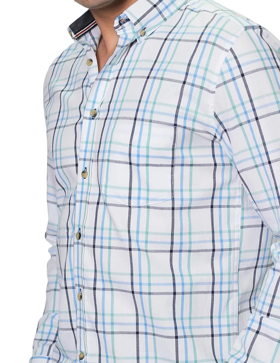 Camisas Para Hombre Manga Larga Cuadros Slim Fit B31109 Blanco