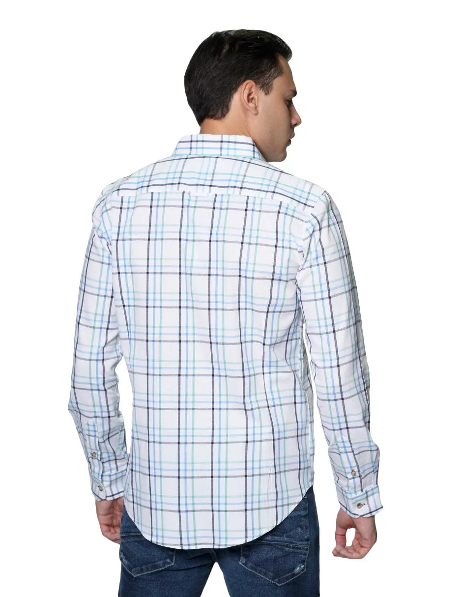 Camisas Para Hombre Manga Larga Cuadros Slim Fit B31109 Blanco
