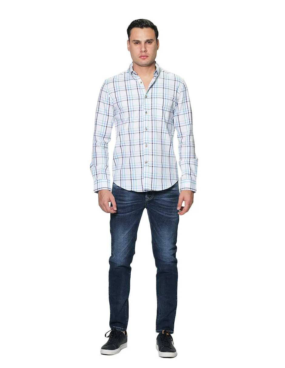 Camisas Para Hombre Manga Larga Cuadros Slim Fit B31109 Blanco