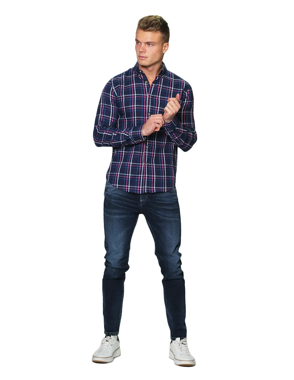 Camisas Para Hombre Manga Larga Cuadros Slim Fit B31109 Marino