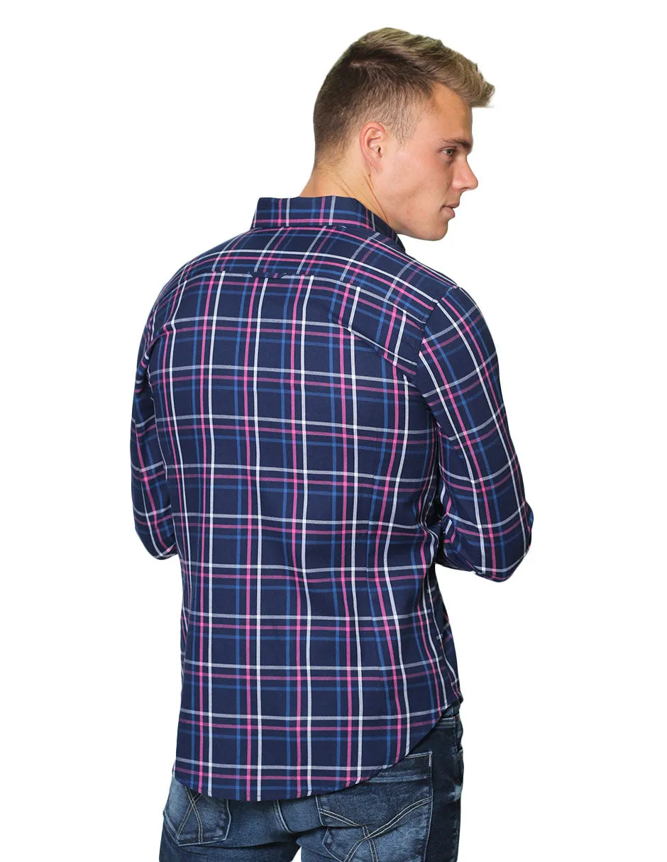 Camisas Para Hombre Manga Larga Cuadros Slim Fit B31109 Marino