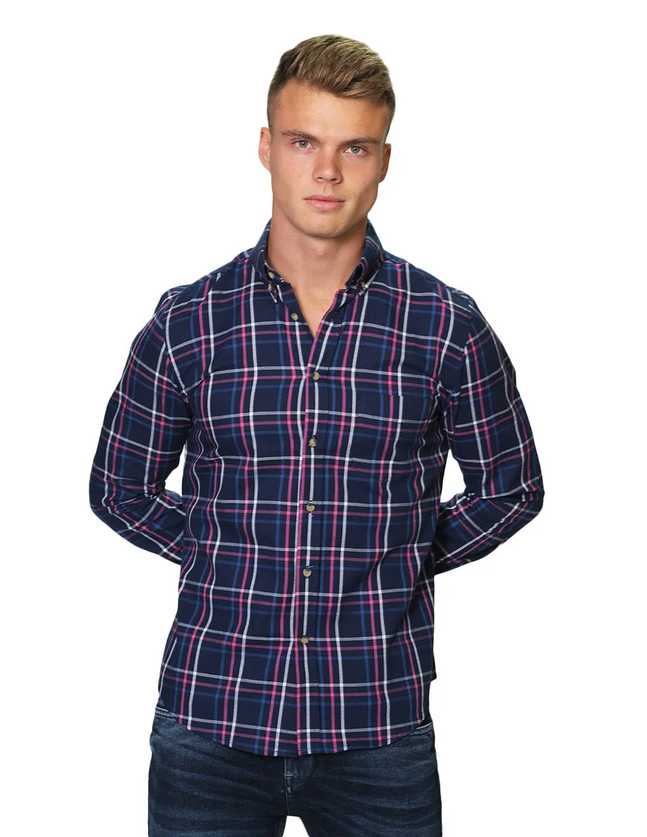 Camisas Para Hombre Manga Larga Cuadros Slim Fit B31109 Marino