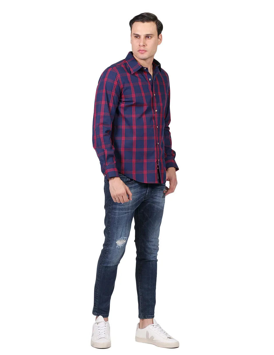 Camisas Para Hombre Manga Larga Cuadros Slim Fit Marino B25105